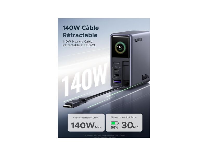 Ugreen 160W USB-C charger with screen and retractable cable
