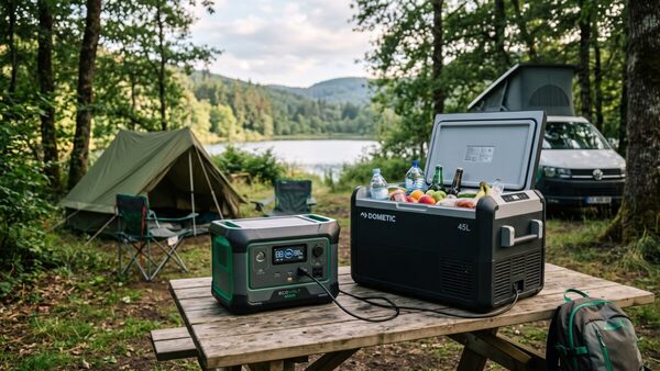 Frigo de camping portable alimenté par une station électrique près d’une tente