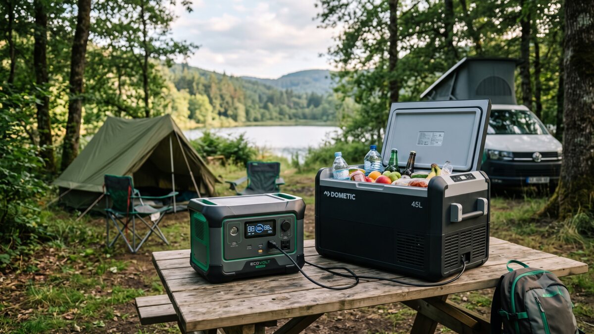Tragbare Camping-Kühlbox, versorgt von einer Powerstation neben einem Zelt