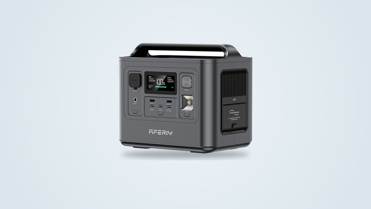 Aferiy P010 portable power station at a three-quarter angle, LCD screen showing charge level, USB-C and USB-A ports visible on the front panel