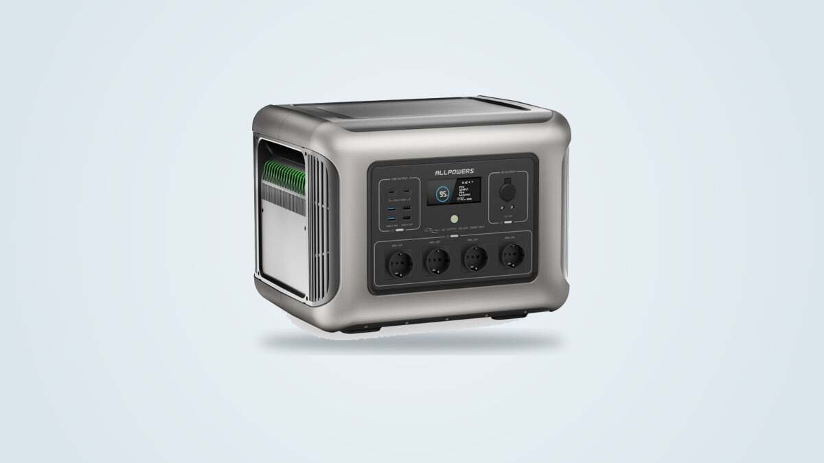 Allpowers R2500 V2 portable power station seen from a three-quarter angle, screen and four AC outlets visible