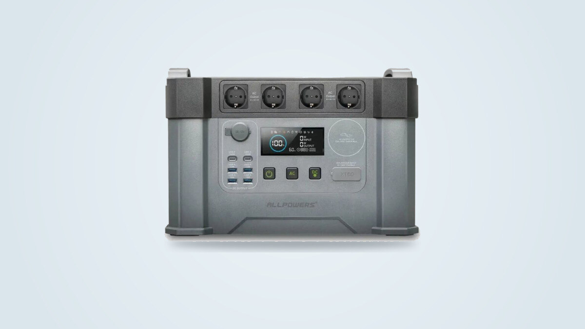 Allpowers S2000 Pro portable power station from the front, screen lit up and four outlets visible
