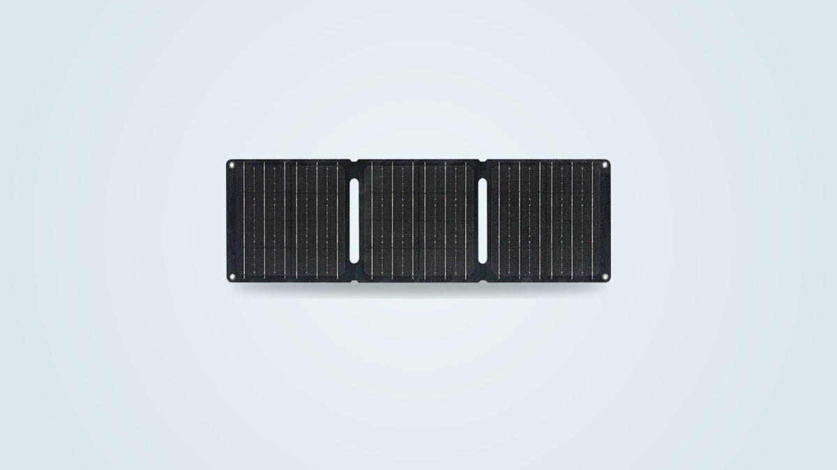 Allpowers SP001 21W foldable solar panel unfolded across three panels on a light background, monocrystalline cells and cut-out carry handles visible