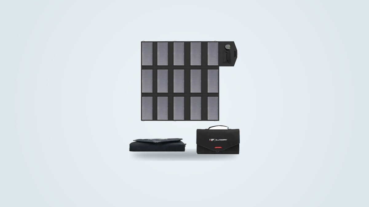 Panel solar plegable Allpowers SP012 100W desplegado, células monocristalinas y conectores visibles