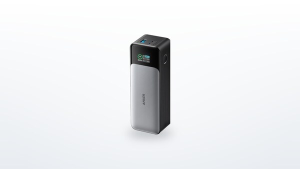 Anker 737 Power Bank external battery standing upright, digital display lit