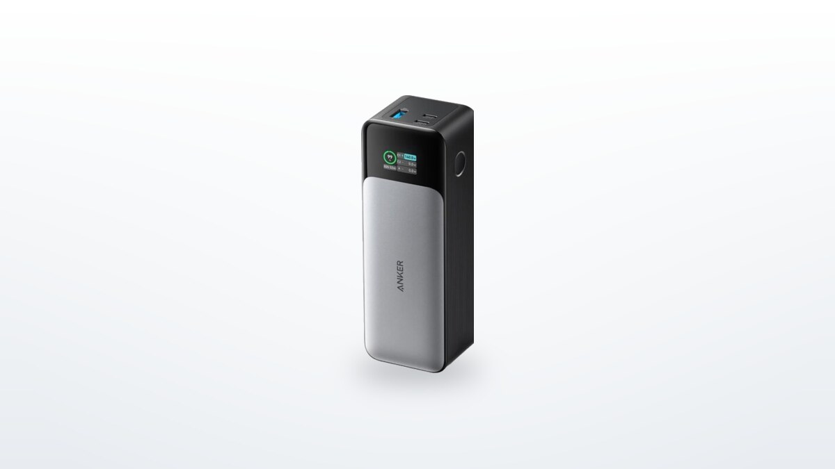 Anker 737 Power Bank external battery standing upright, digital display lit