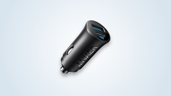 Anker 30W car charger showing a USB-C port and a USB-A port