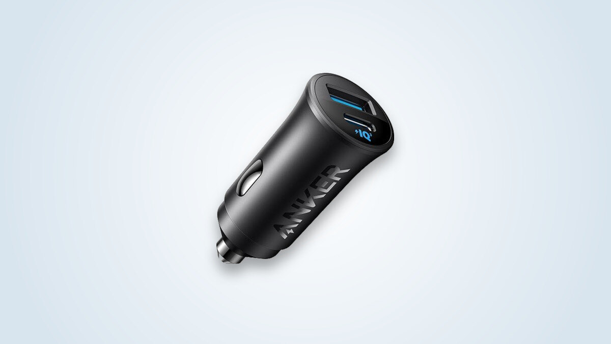 Anker 30W car charger showing a USB-C port and a USB-A port