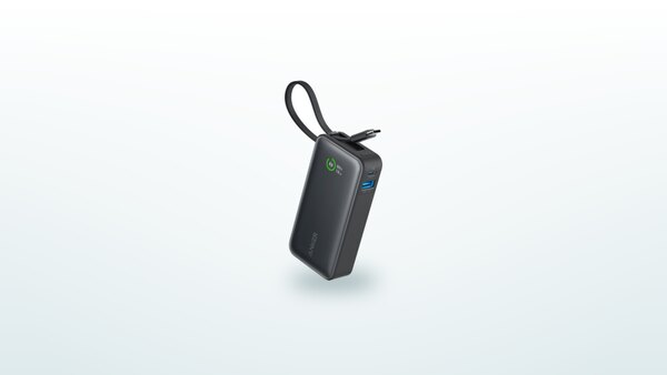 Anker Nano 30W power bank with its built-in USB-C cable and its colour display
