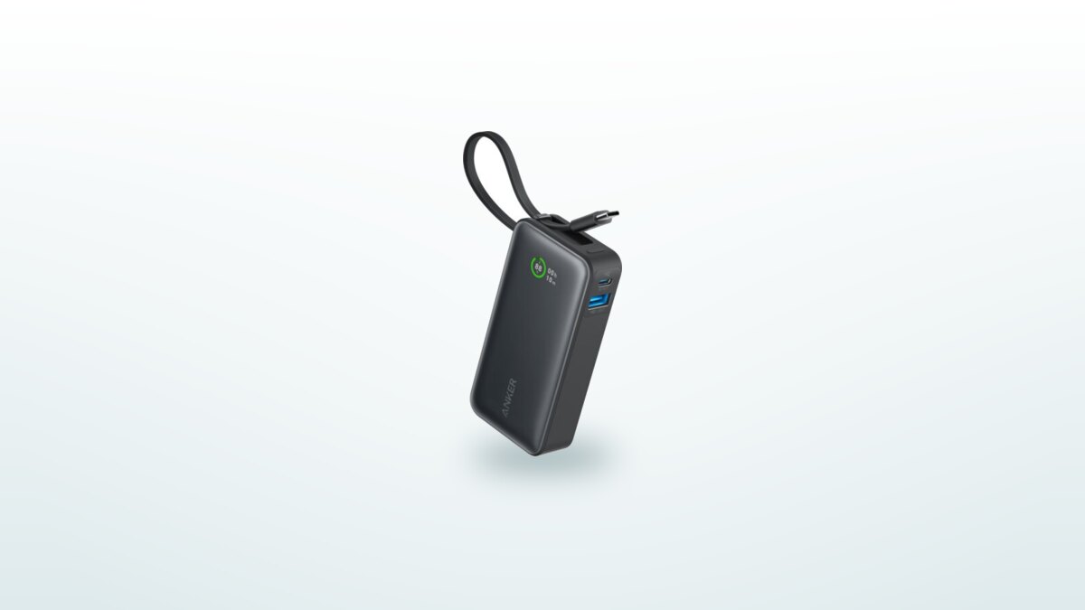 Anker Nano 30W power bank with its built-in USB-C cable and its colour display