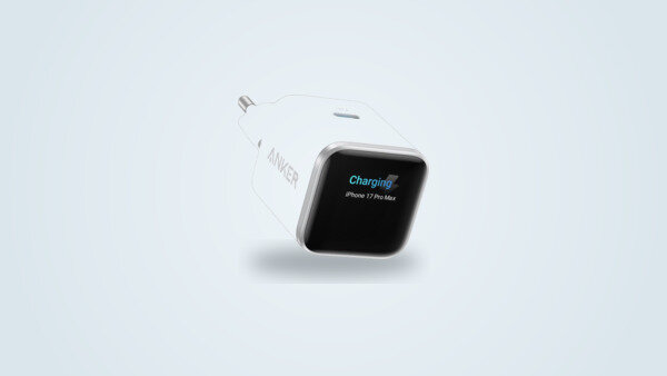 Anker Nano 45W charger with its smart display showing the charge