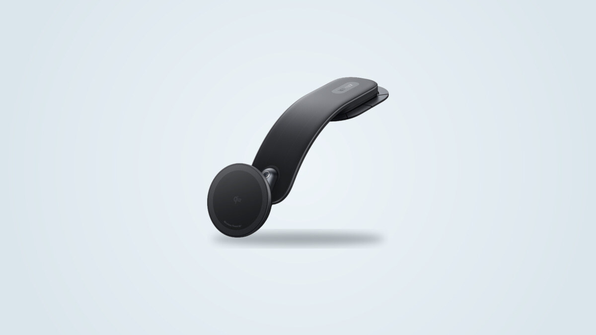 Anker Nano car charging mount, circular Qi2 pad and curved memory-alloy arm joined by the ball joint, adhesive base visible
