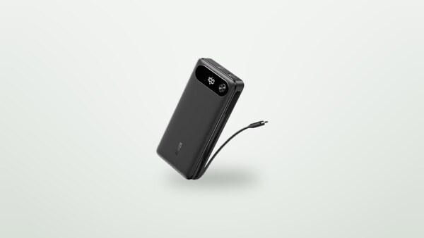 Anker Power Bank 20000 87W external battery with its integrated USB-C cable on a light background