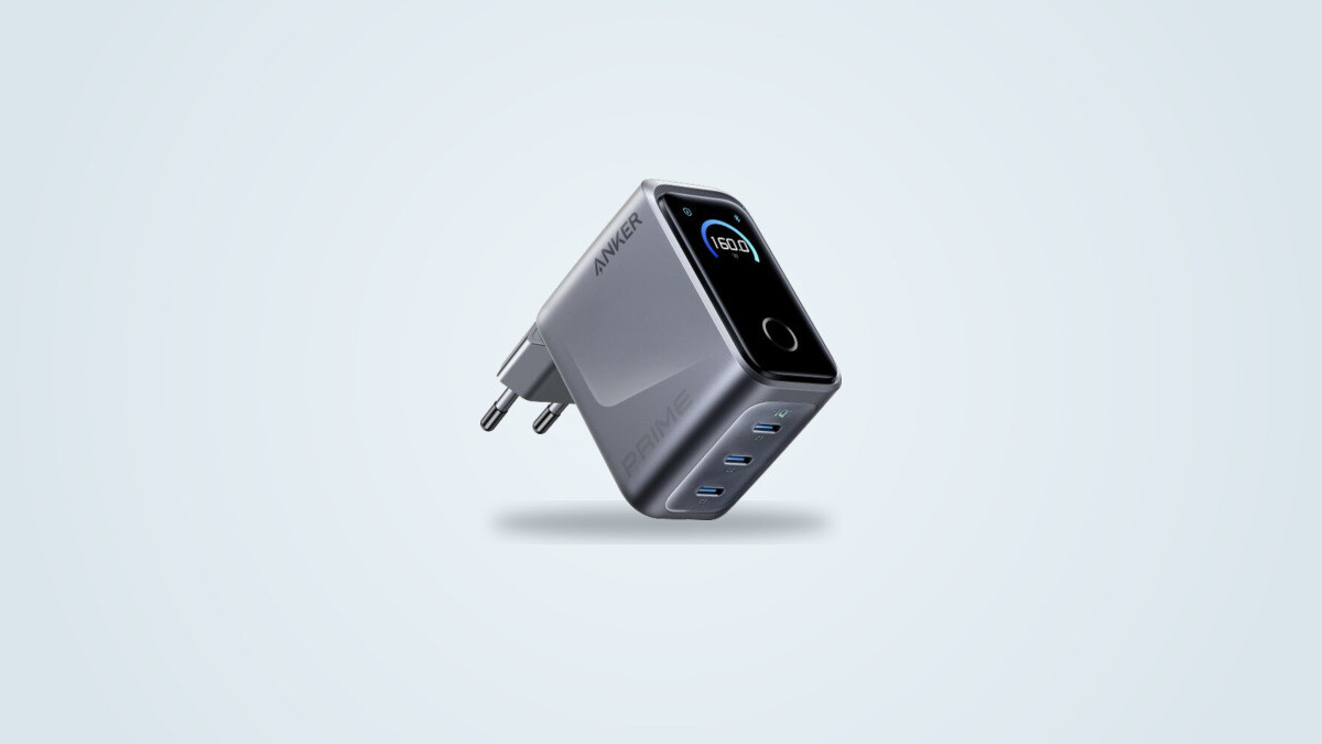 Anker Prime 160W wall charger with colour touchscreen showing power draw