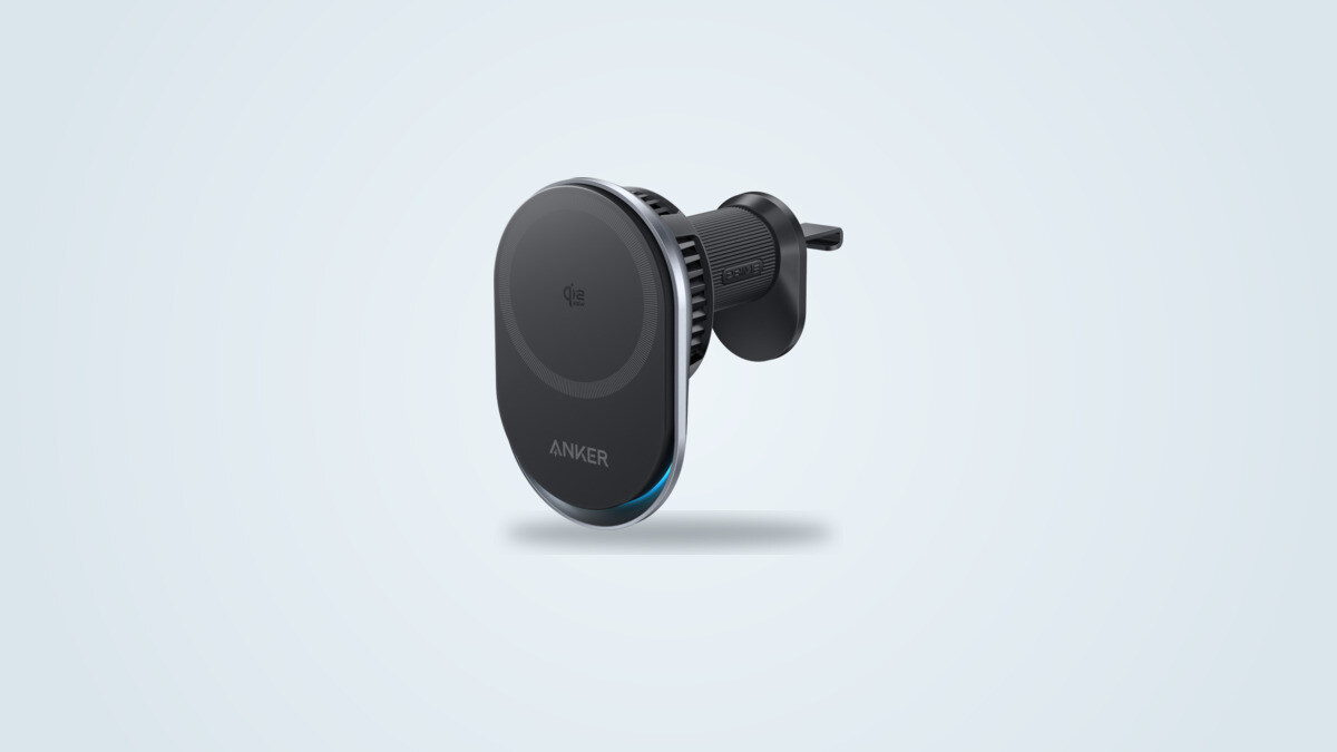 Anker Prime MagSafe 25W car charger seen from a three-quarter angle, showing the Qi2 charging pad and the vent clip with visible cooling fins