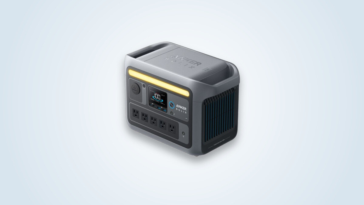 Anker Solix C800 portable power station shown at a three-quarter angle, screen lit up and AC outlets visible