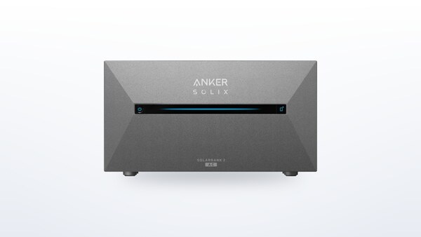 Front view of the Anker Solix Solarbank 2 E1600 AC solar storage battery with its display lit up