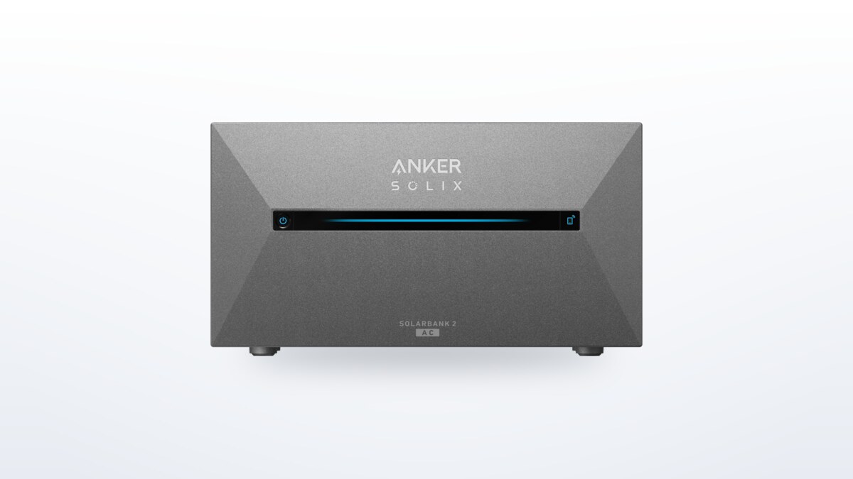 Front view of the Anker Solix Solarbank 2 E1600 AC solar storage battery with its display lit up