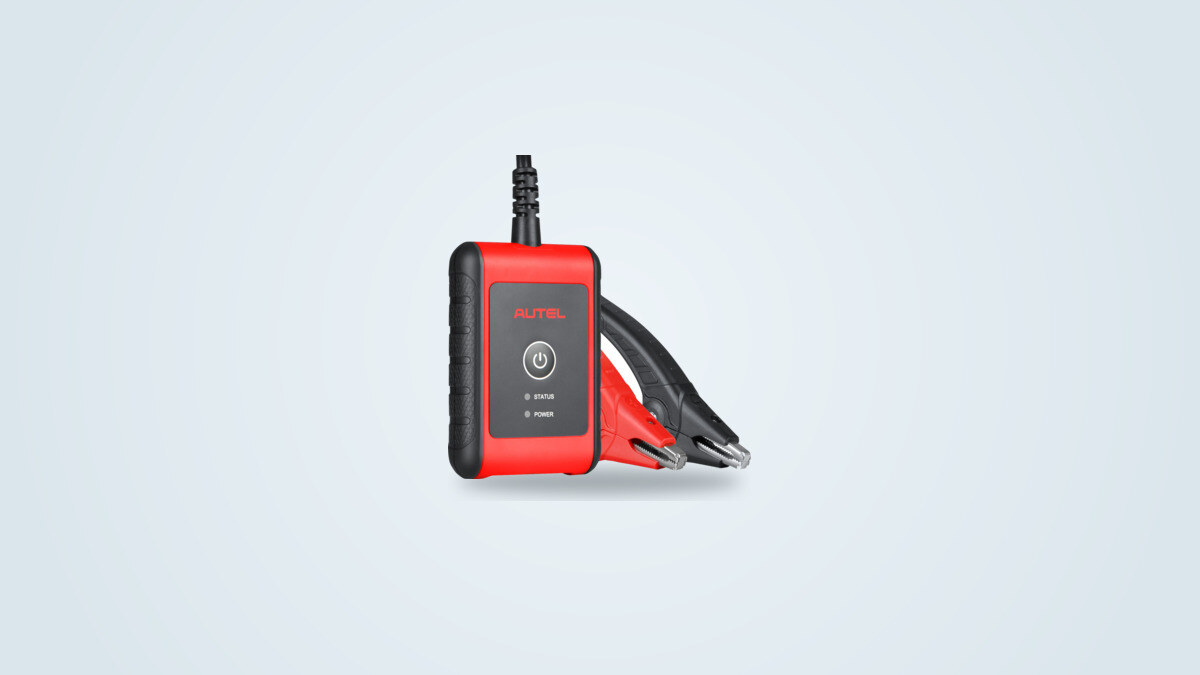 Autel MaxiBAS BT506 battery tester at a three-quarter angle, red and black clamps visible, no built-in screen