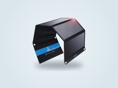 Foldable BigBlue 28W solar panel on a light background