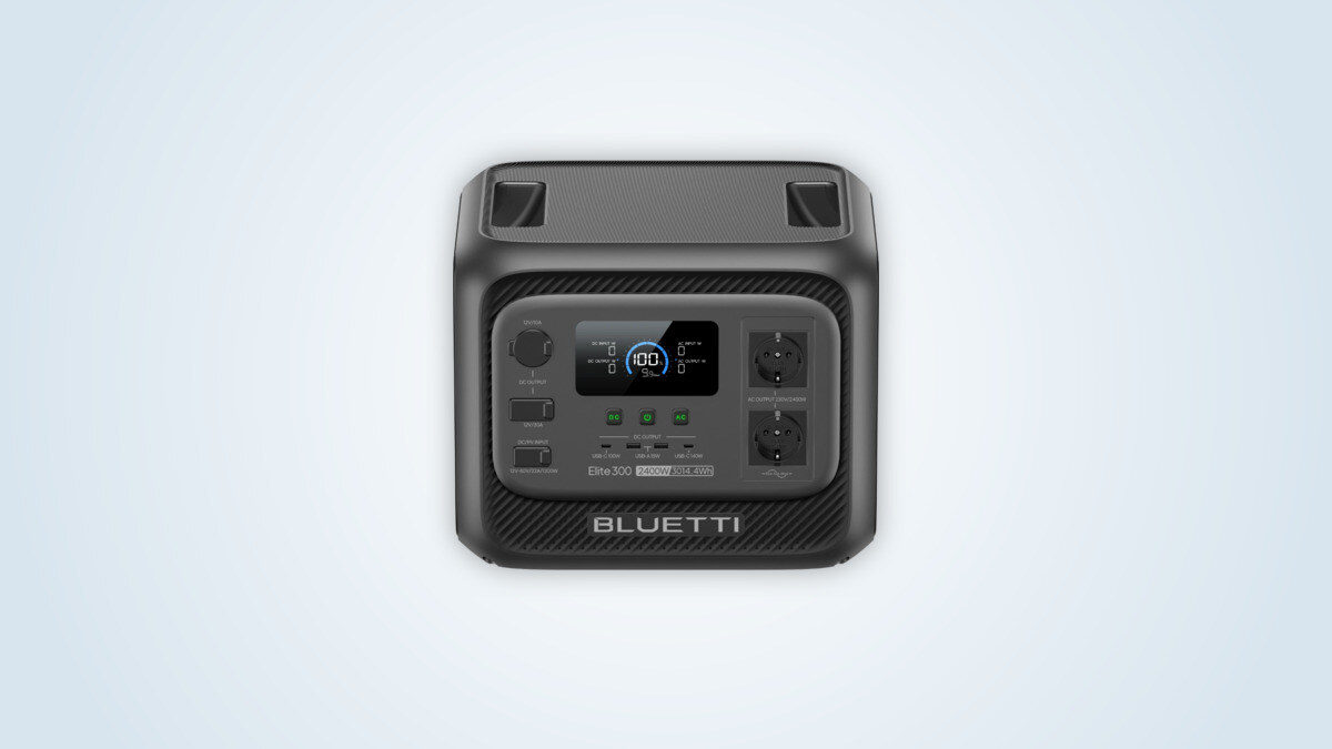 Bluetti Elite 300 portable power station at three-quarter angle, LCD screen on showing the charge level