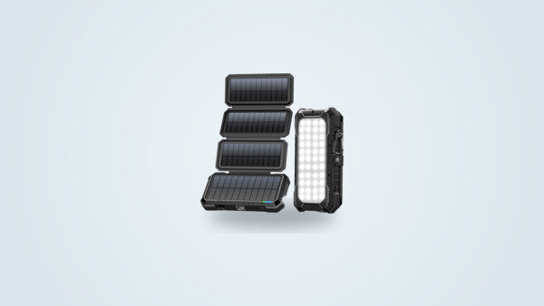 Black Blavor PN-W12 Pro solar charger, four foldable solar panels unfolded on the left and the unit with its LED light on the right, on a light gradient background
