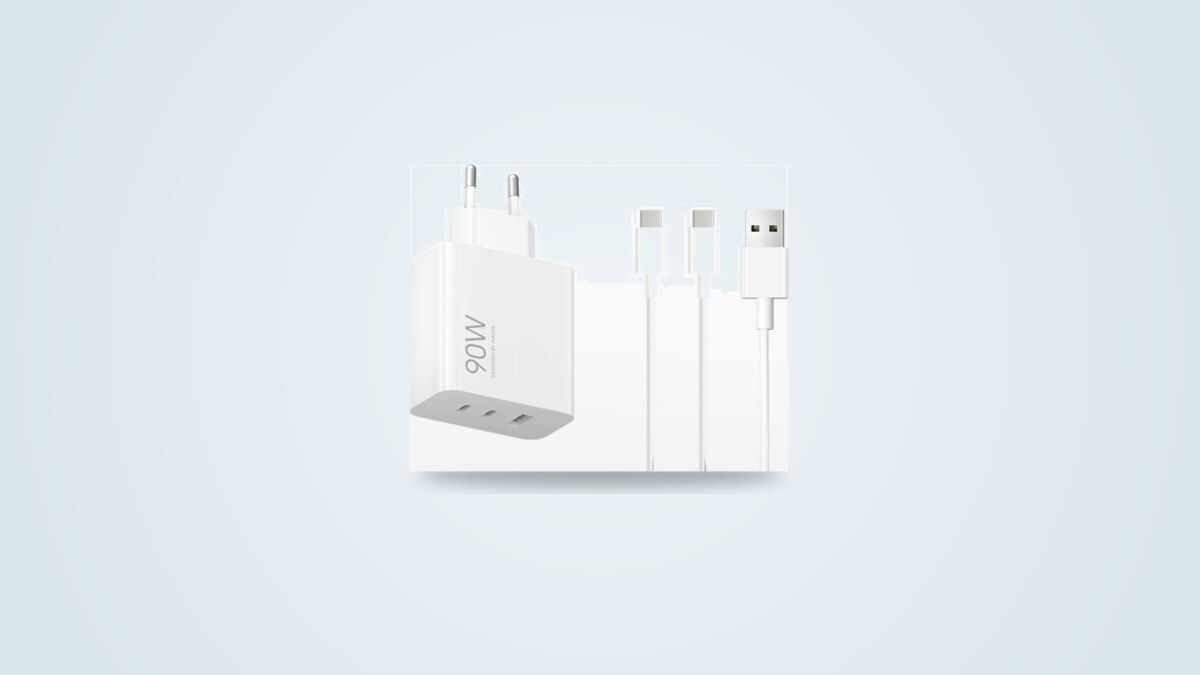 Xiaomi 90W HyperCharge 3-port mains charger, two USB-C and one USB-A, on a light background