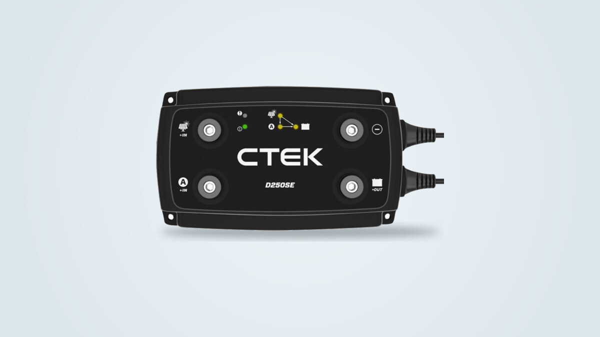 CTEK D250SE DC-DC charger seen from above, showing its alternator and solar inputs and its service battery output