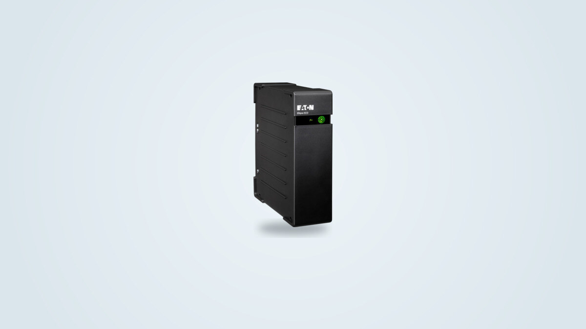 Eaton 5S550 UPS seen from a three-quarter angle, compact black tower case with status LEDs