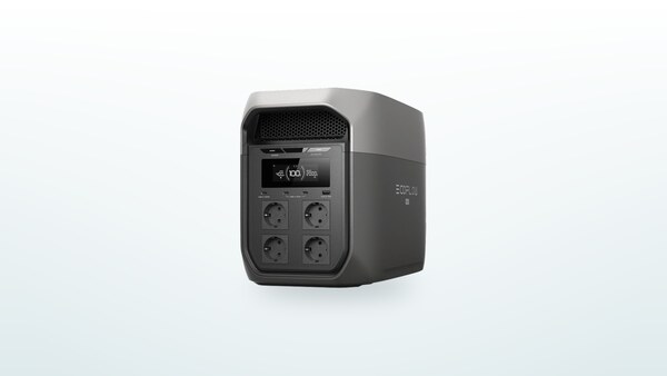 EcoFlow Delta 3 Max Powerstation auf dem Boden, LCD-Display zeigt den Ladezustand an