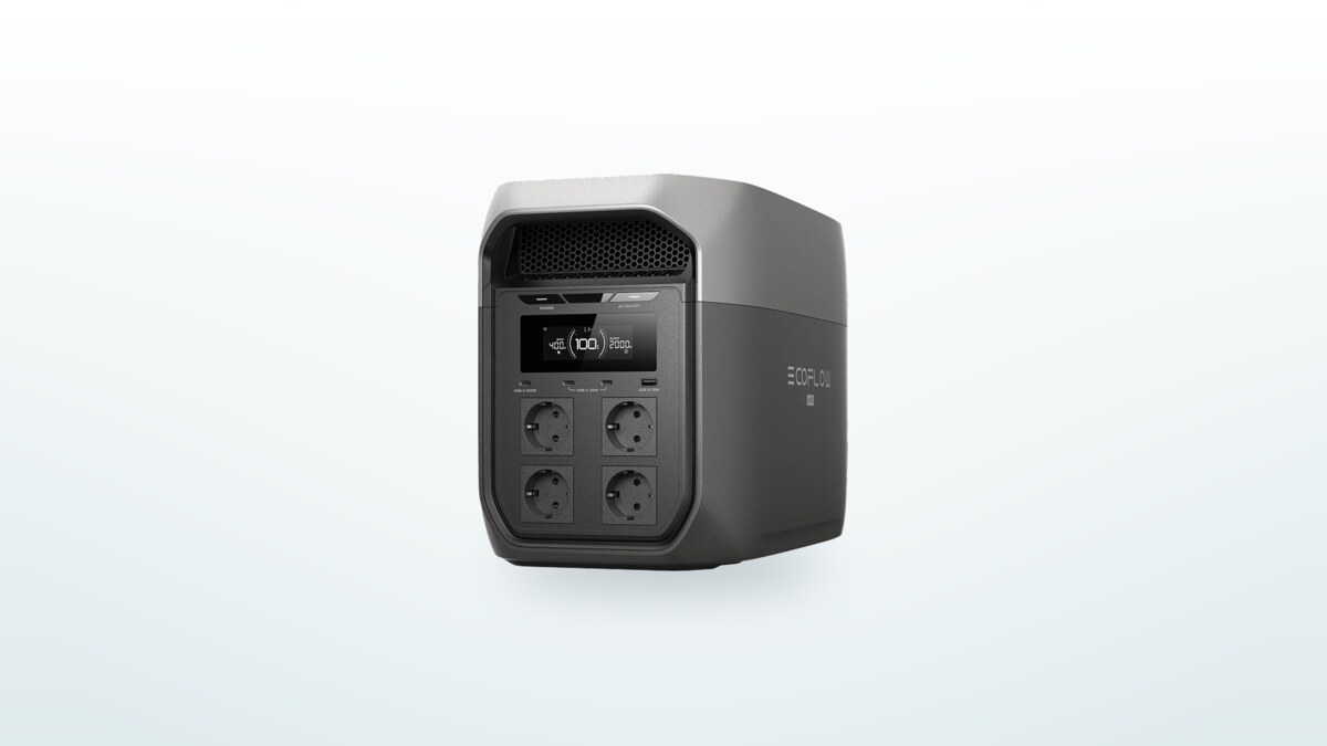 EcoFlow Delta 3 Max Powerstation auf dem Boden, LCD-Display zeigt den Ladezustand an