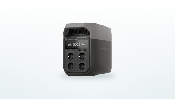 Estación de energía portátil EcoFlow Delta 3 en tres cuartos, pantalla encendida, cuatro tomas de 230 V y puertos USB-C de 100 W visibles
