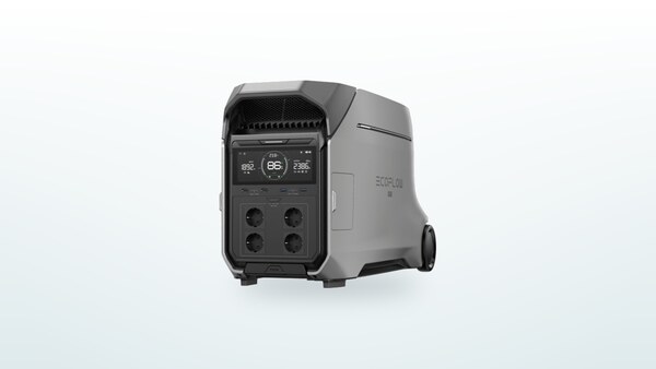 EcoFlow Delta Pro 3 power station on wheels, screen displaying the charge level