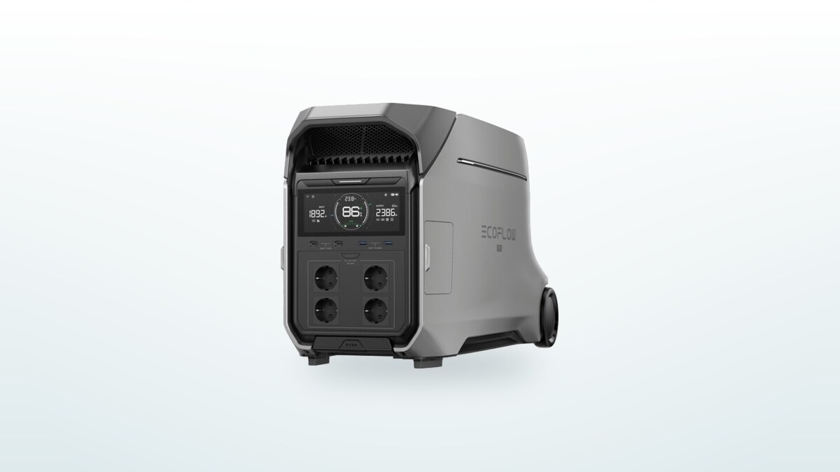 EcoFlow Delta Pro 3 power station on wheels, screen displaying the charge level