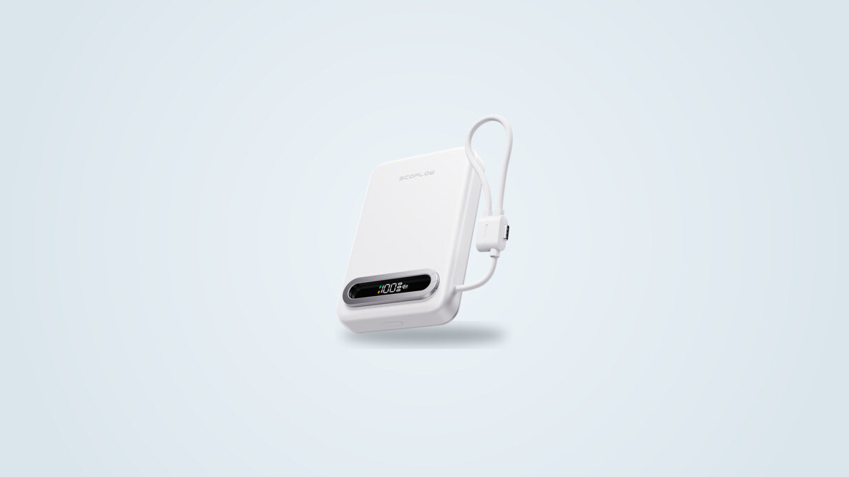EcoFlow Rapid Mag Qi2.2 magnetic power bank standing on its built-in stand, USB-C cable partly unrolled, three-quarter view