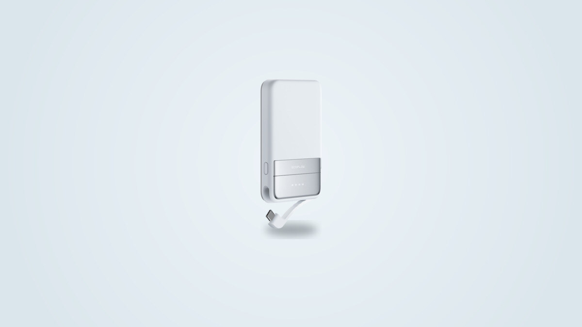 EcoFlow Rapid Mag Qi2 15W magnetic power bank resting on its unfolded stand, LCD screen lit up, USB-C cable partly unwound