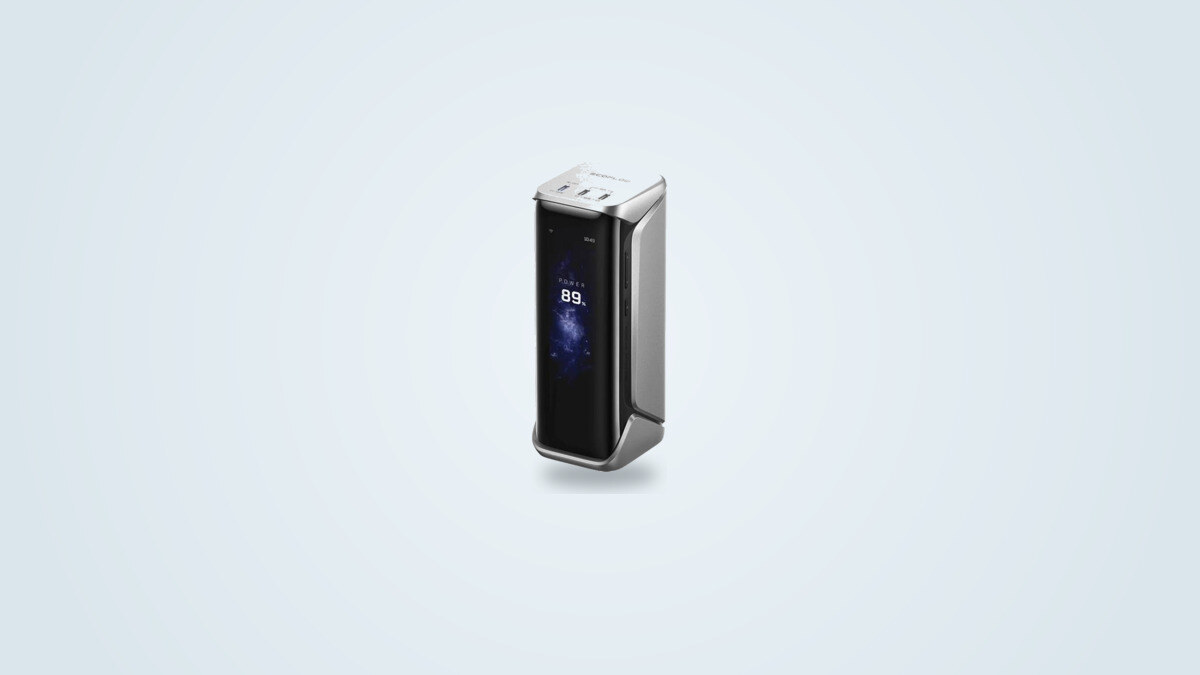 EcoFlow Rapid Pro X power bank standing upright, color screen on showing 89% and three USB-C ports visible on the front face