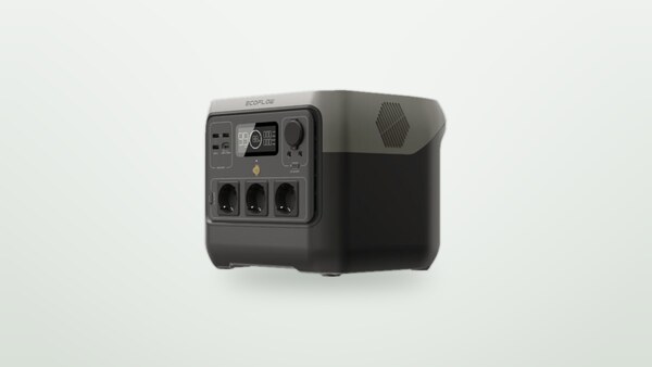 EcoFlow River 2 Pro portable power station seen from a three-quarter angle, screen lit, three AC sockets and USB ports visible