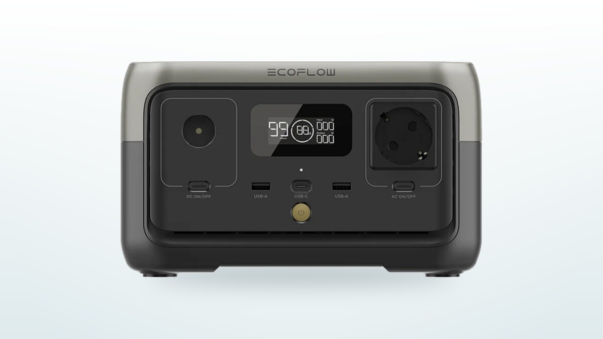 EcoFlow River 2 portable power station seen head on, display lit, Schuko mains socket and USB ports visible on the front panel