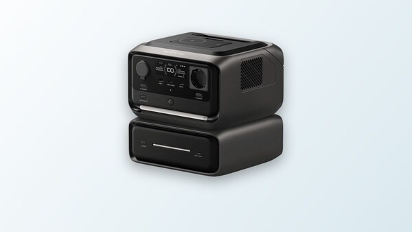 EcoFlow River 3 Max Plus Wireless power station with the Rapid external battery resting on its wireless charging pad