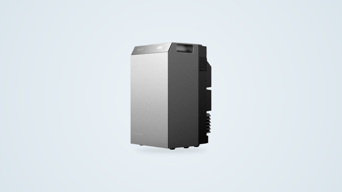EcoFlow Stream 5000 shown at a three-quarter angle, white home battery tower with screen and AC outlet visible on top