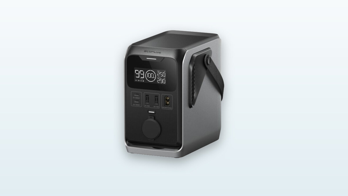 Stazione elettrica portatile EcoFlow Trail 300 DC compatta, porte USB-C e presa accendisigari 12 V visibili
