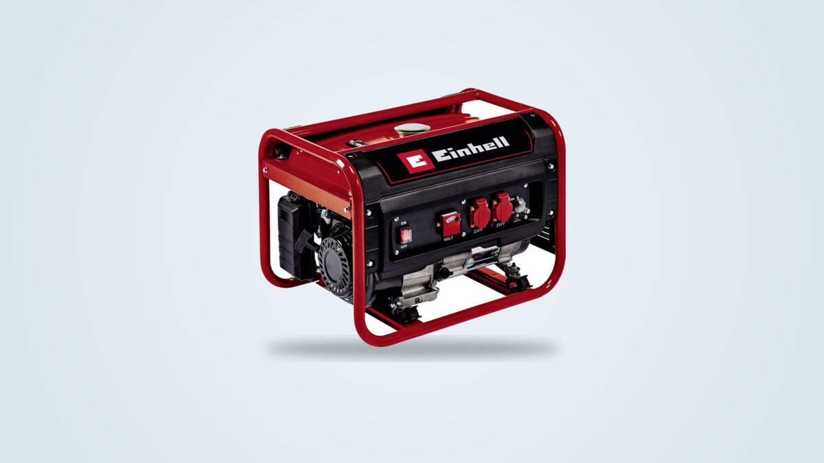 Einhell TC-PG 25/1/E5 gas generator in red and black on a tubular frame, seen from three-quarters