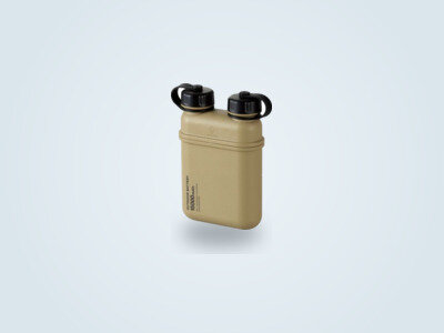 Elecom Nestout 15000mAh power bank shown at a three-quarter angle, beige jerry-can-shaped body with two black screw caps
