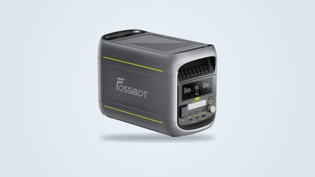 Fossibot F1800 portable power station at a three-quarter angle, FOSSiBOT logo and input/output display visible, control dial on the right