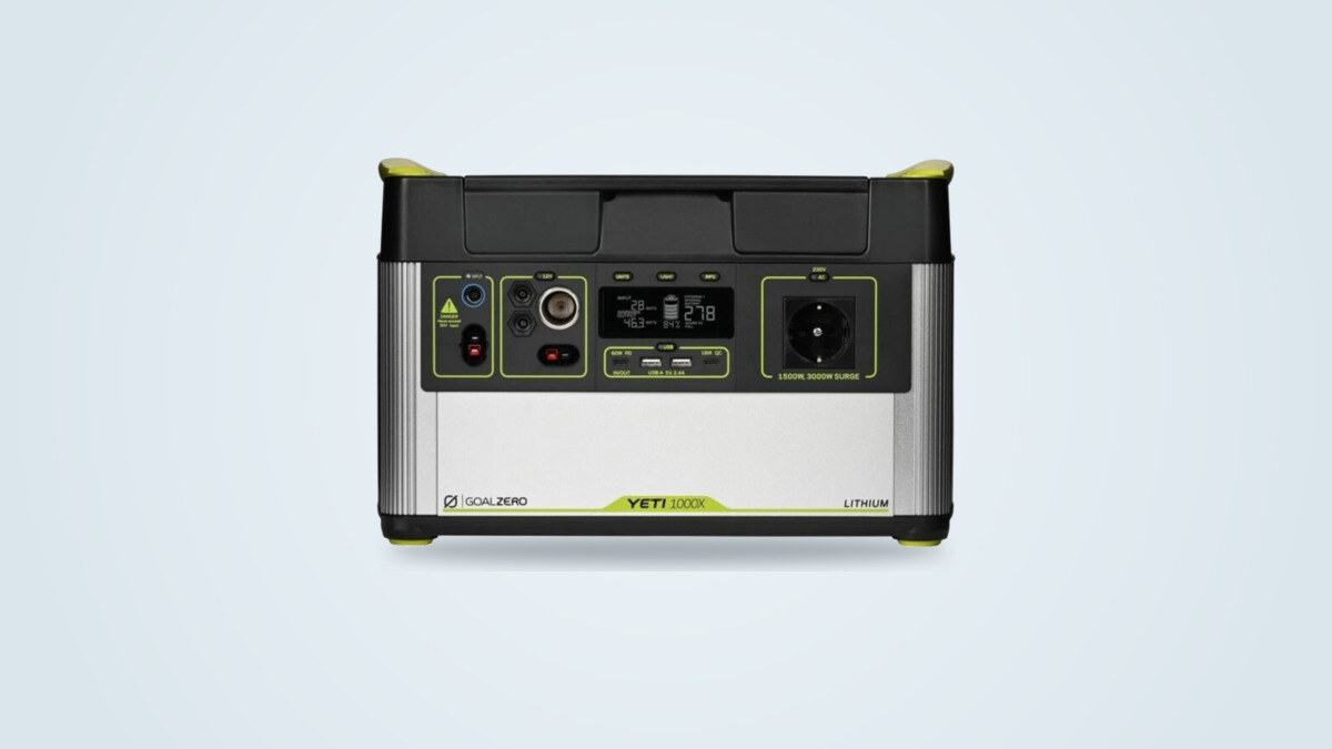 Goal Zero Yeti 1000X portable power station seen from the front, screen and AC outlets visible