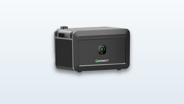 Growatt NOAH 2000 balcony battery with its solar connectors visible, compact gray housing