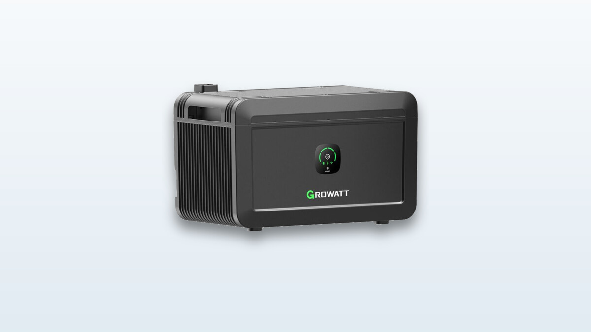 Growatt NOAH 2000 balcony battery with its solar connectors visible, compact gray housing