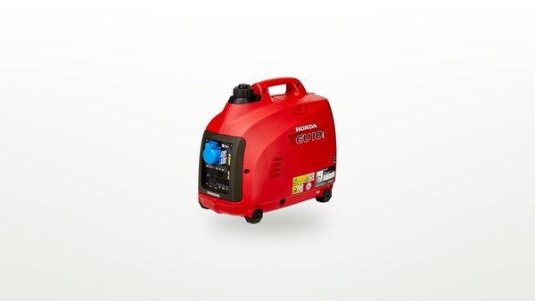 Red Honda EU10i inverter generator, three-quarter view