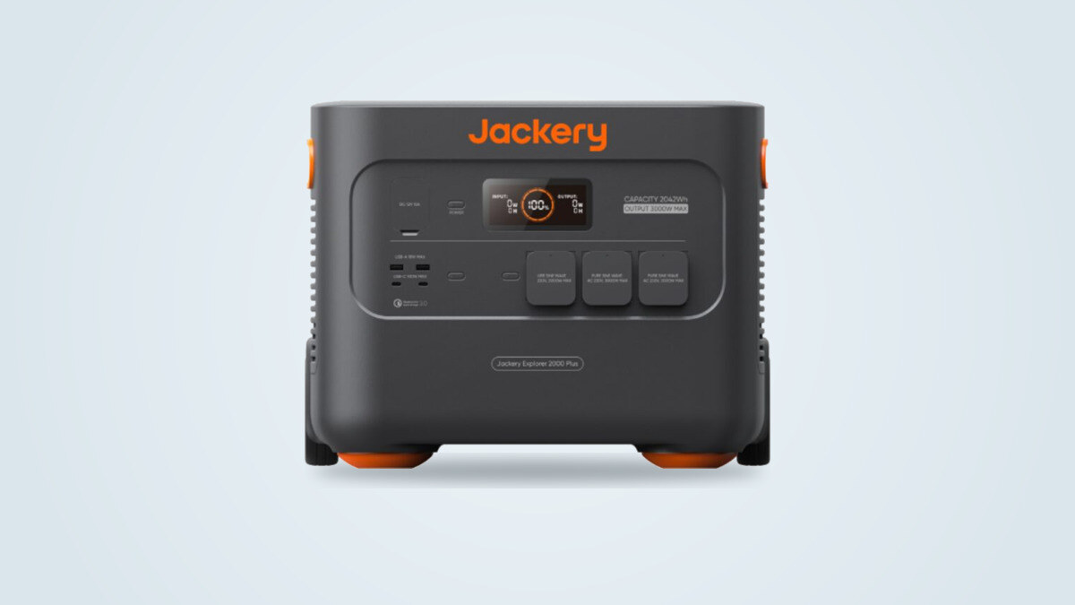 Jackery Explorer 2000 Plus power station on wheels, light background